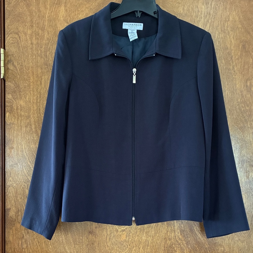 Sag Harbor Navy Zip-Front Blazer Jacket with Collar